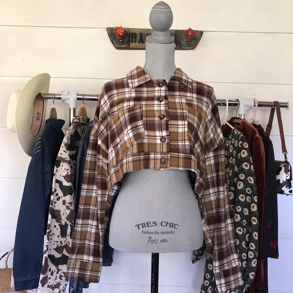 Timing NWOT Plaid Long Sleeve Crop Top Women Size Medium